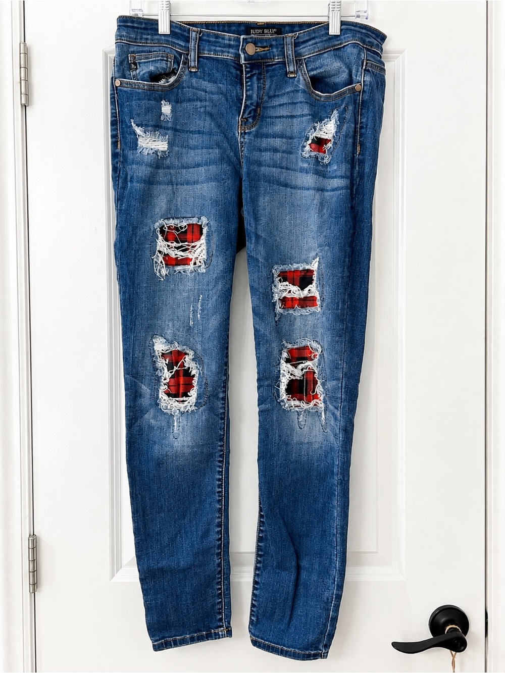 Judy Blue Blue Skinny Jeans with Red Plaid Patch Rips